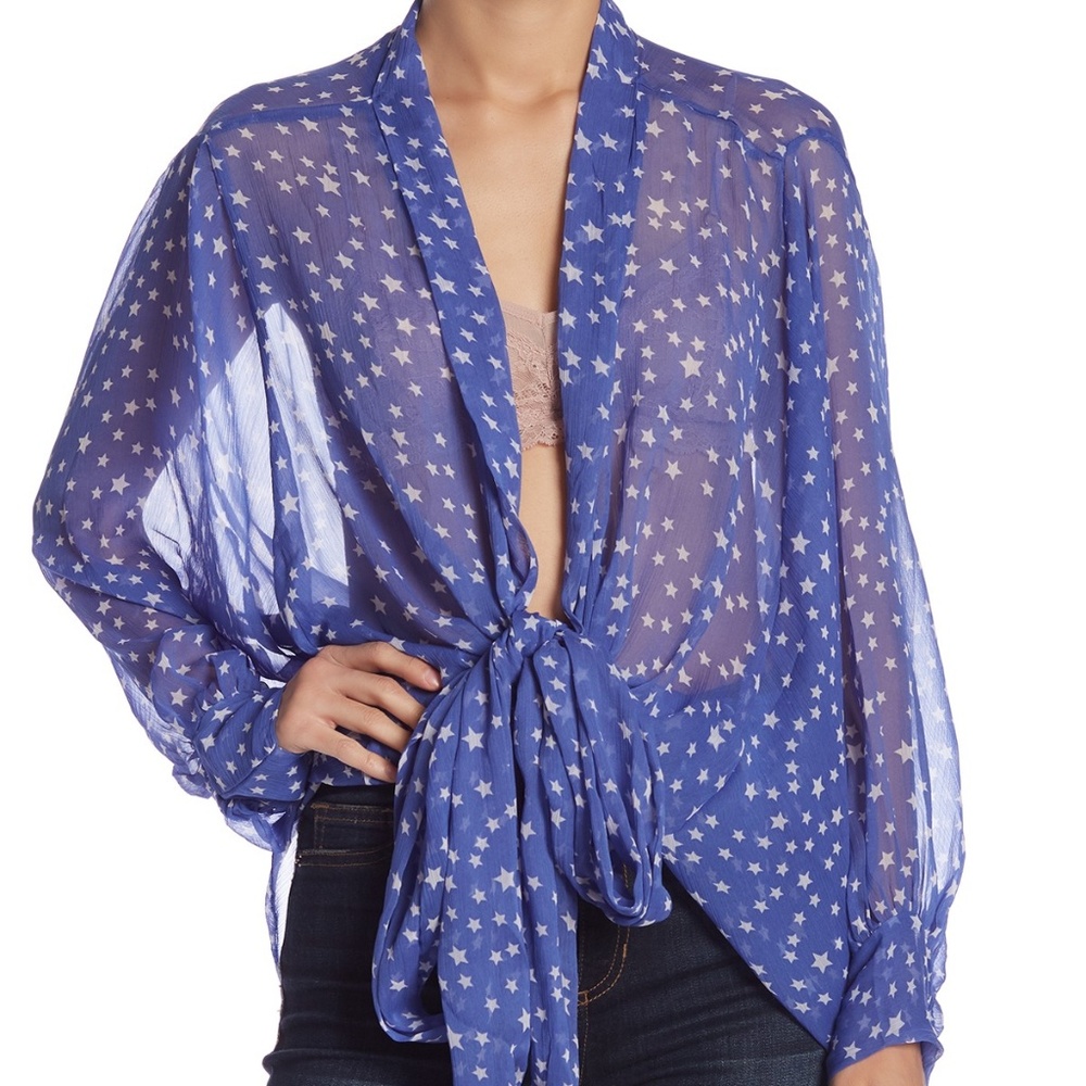 Free People Star Dazed Tie Front Kimono Blue